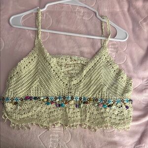Cream Embellished Sleeveless Crop Top